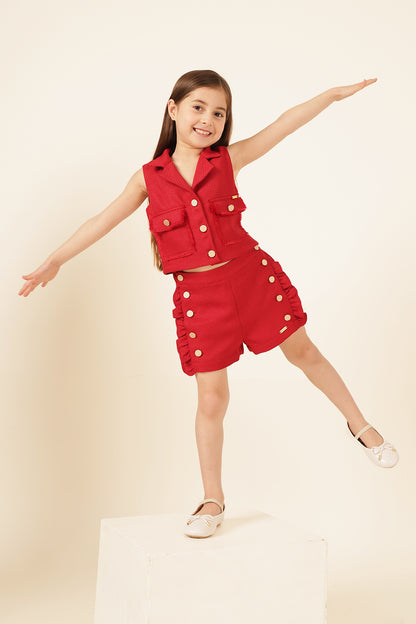 Girls Red Boucle Woven Shorts