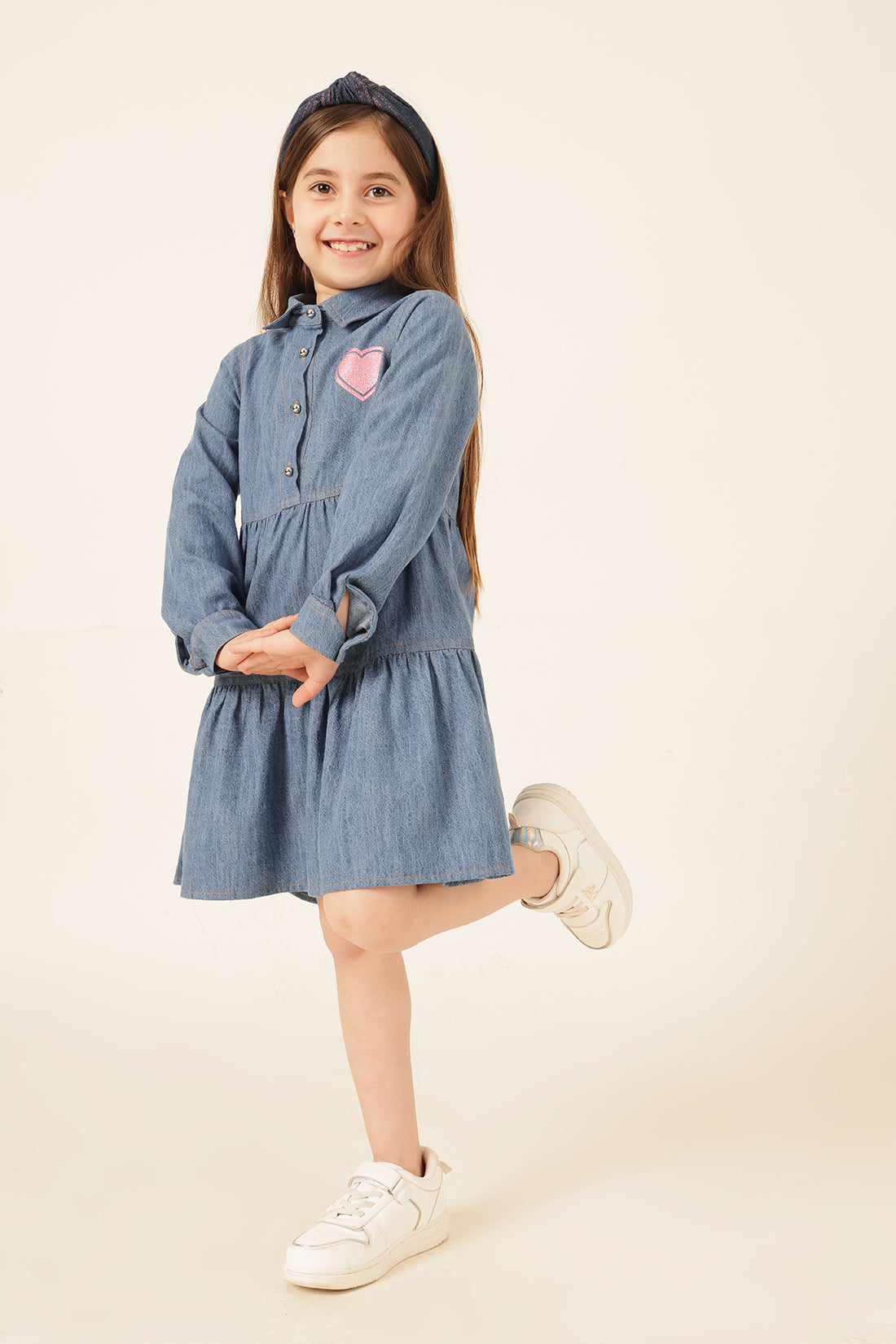 Girls Blue Denim Shirt Collar Dress