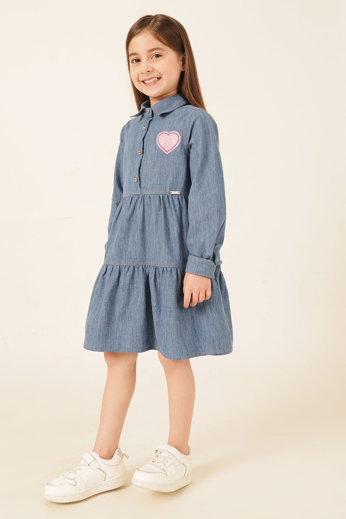 Girls Blue Denim Shirt Collar Dress