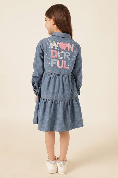 लड़कियों की नीली डेनिम शर्ट कॉलर वाली ड्रेस