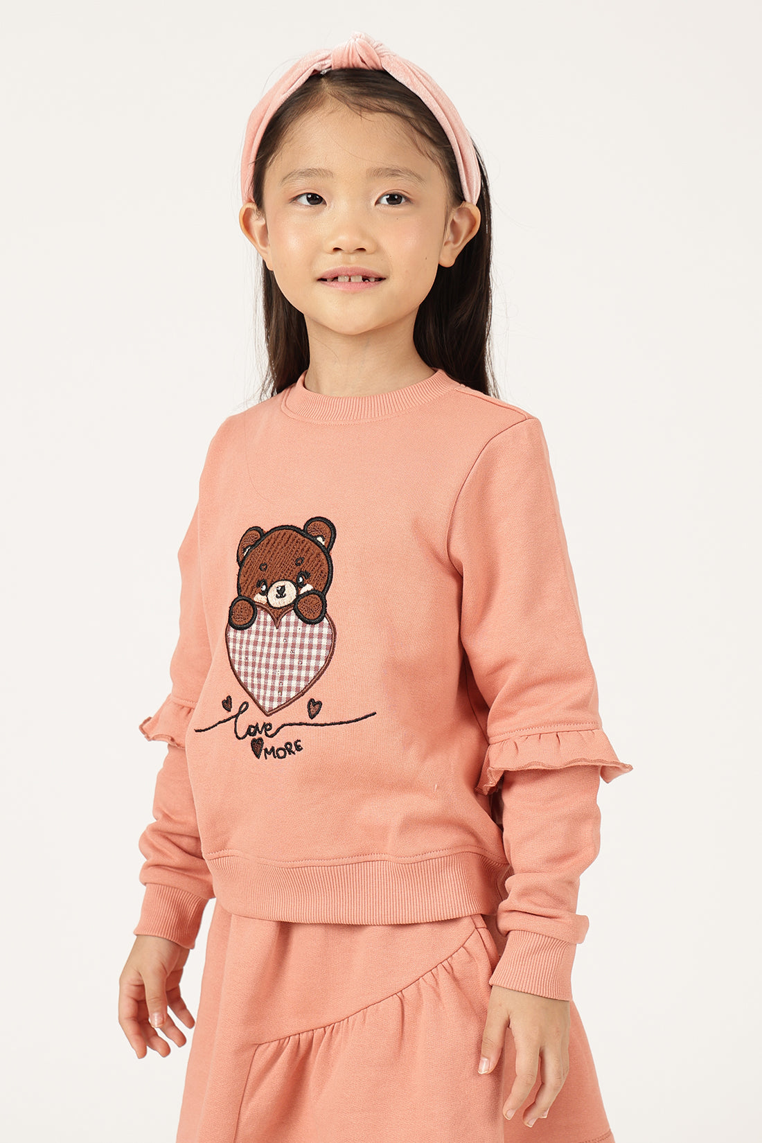 Girls Peach Cotton Fleece Round Neck Top