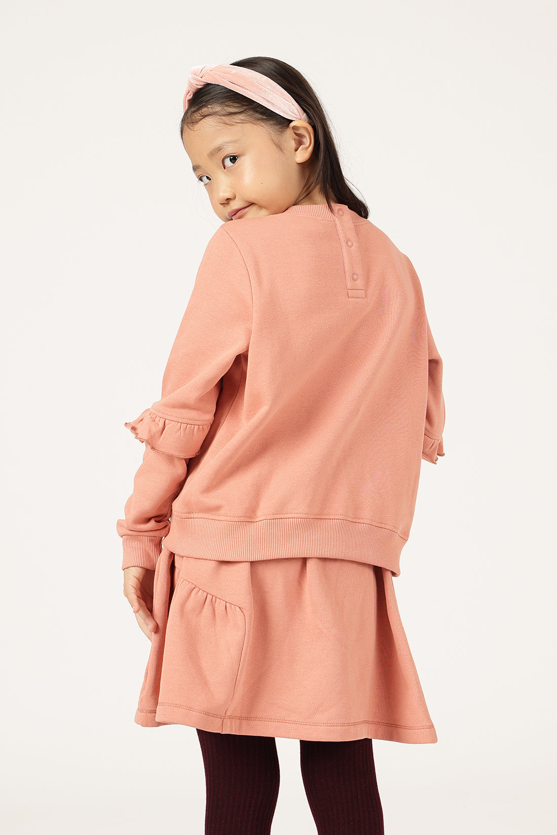 Girls Peach Cotton Fleece Round Neck Top