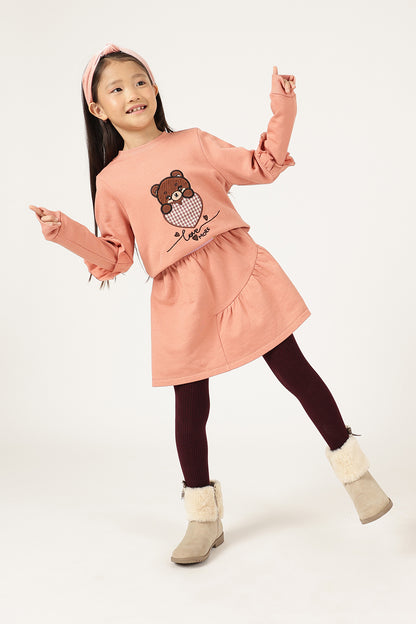 Girls Peach Cotton Fleece Round Neck Top