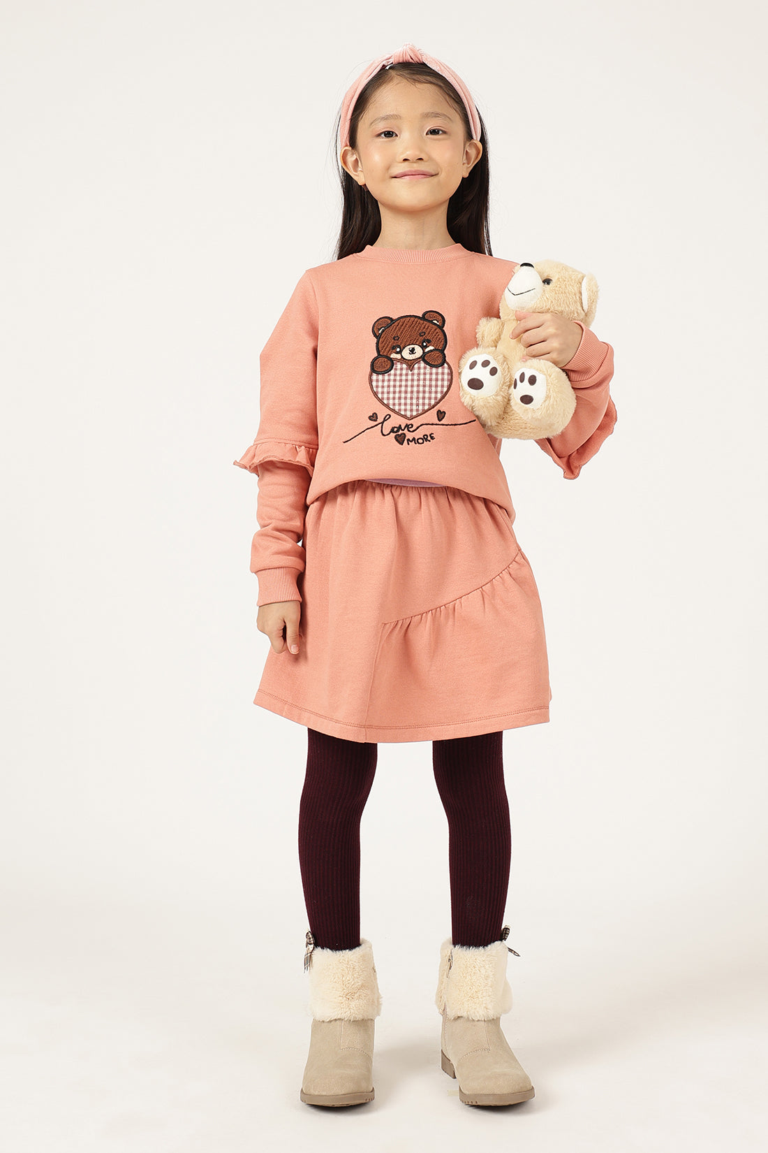 Girls Peach Cotton Fleece Woven Skirt