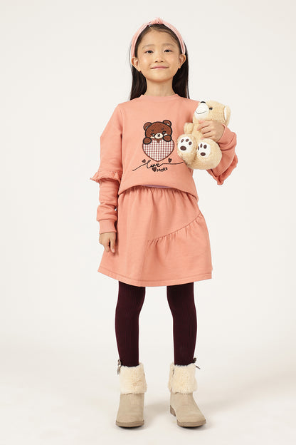 Girls Peach Cotton Fleece Woven Skirt
