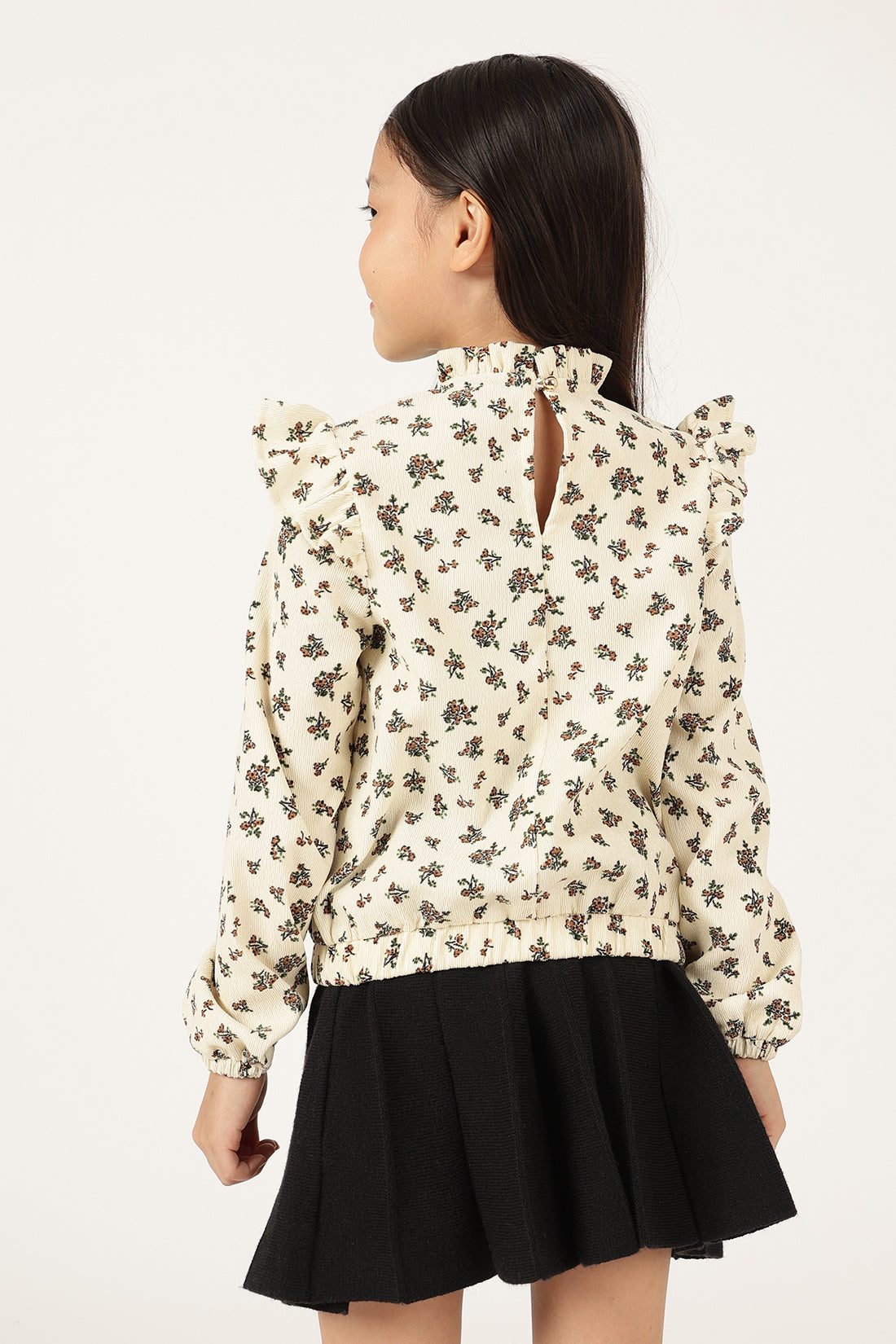 Girls Off White Floral Print Round Neck Top