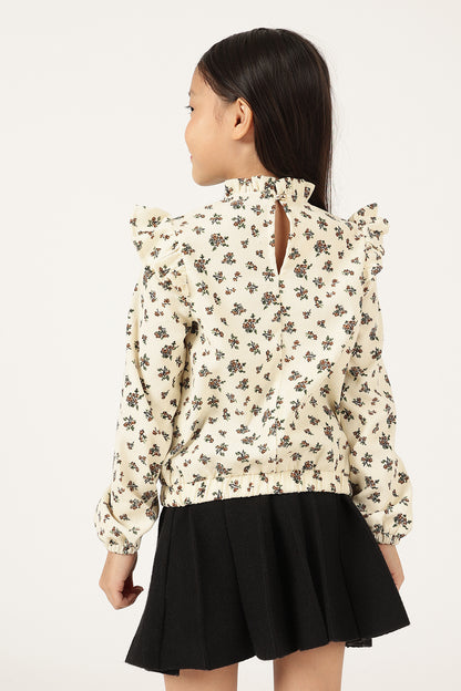 Girls Off White Floral Print Round Neck Top
