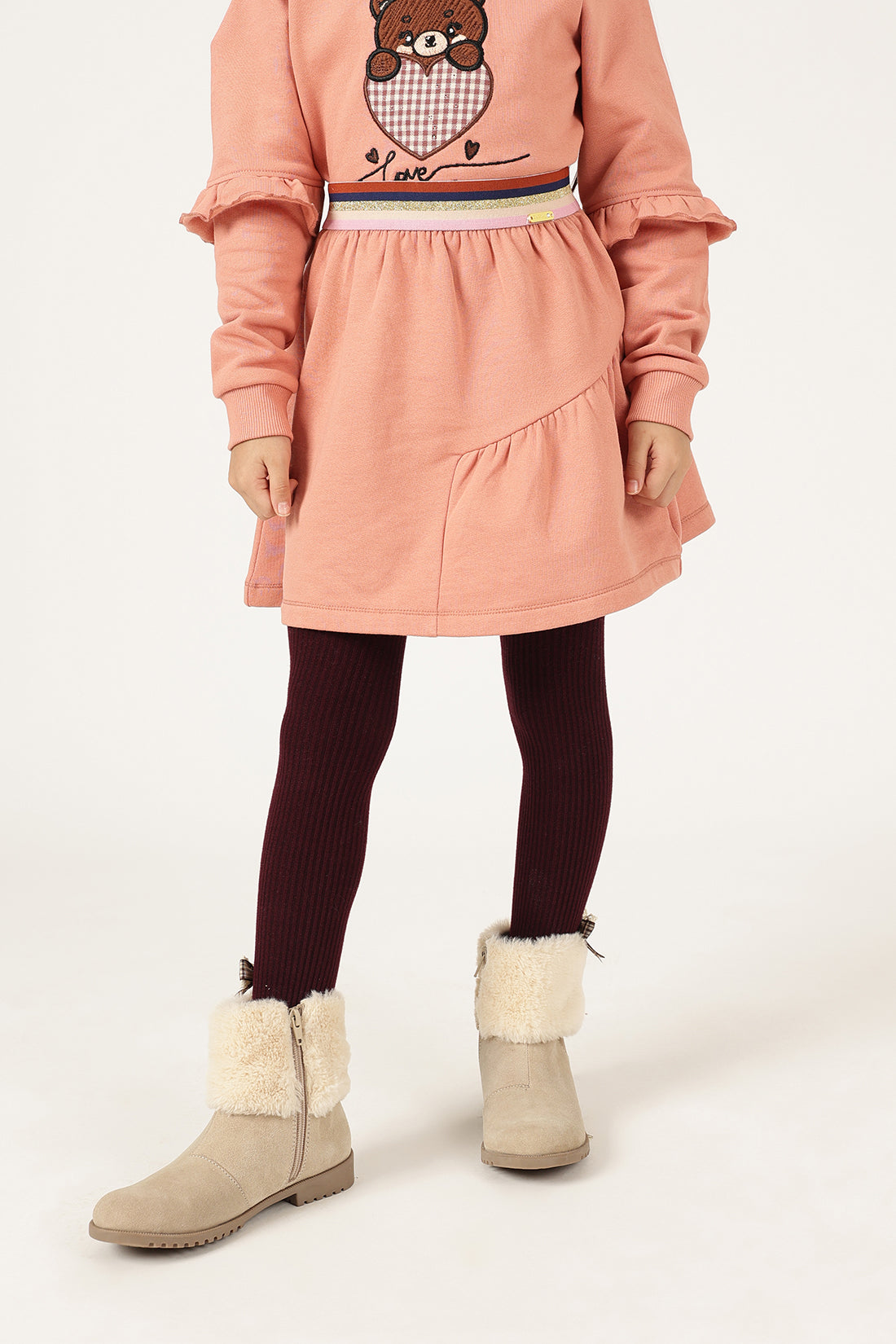 Girls Peach Cotton Fleece Woven Skirt