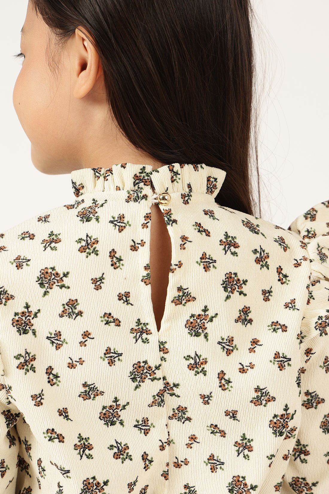 Girls Off White Floral Print Round Neck Top