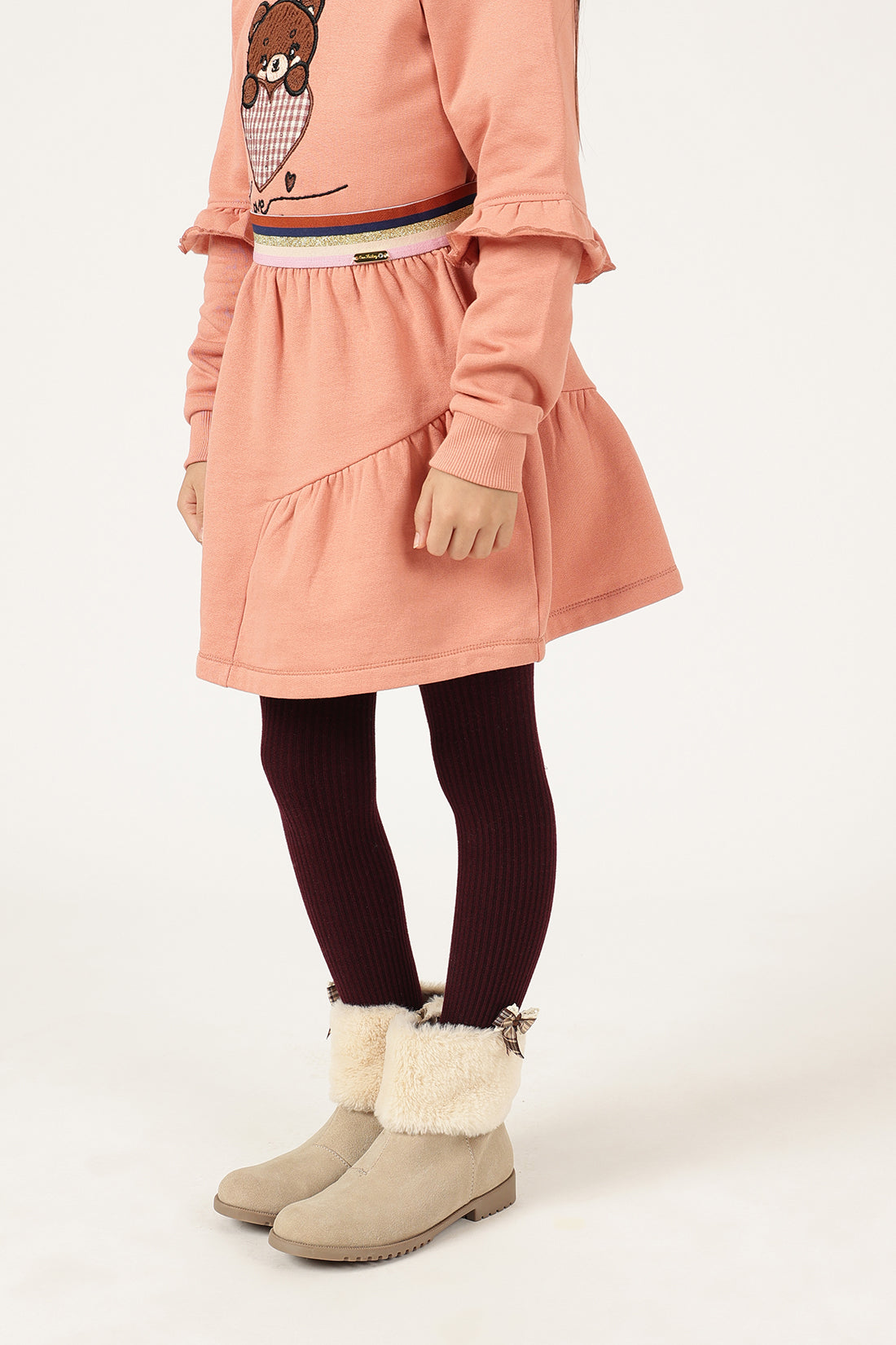 Girls Peach Cotton Fleece Woven Skirt