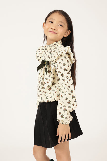 Girls Off White Floral Print Round Neck Top