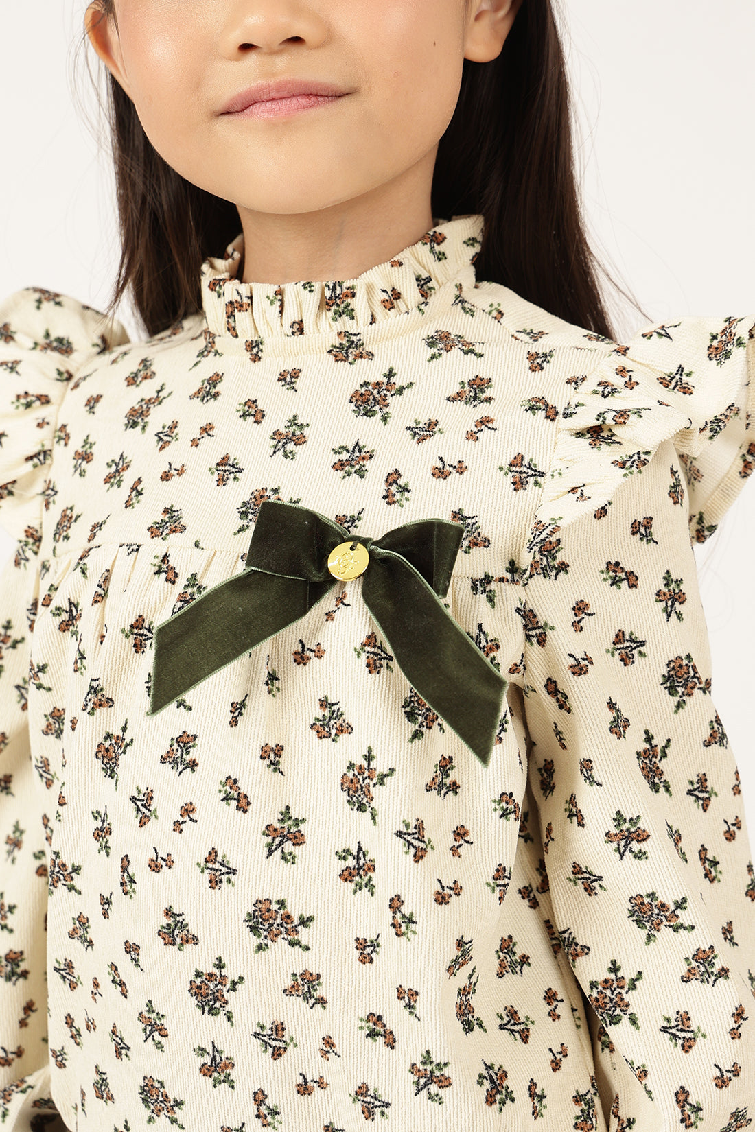 Girls Off White Floral Print Round Neck Top