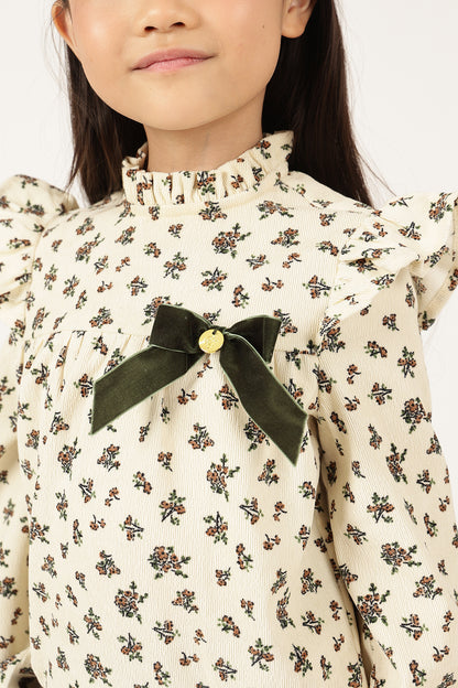 Girls Off White Floral Print Round Neck Top