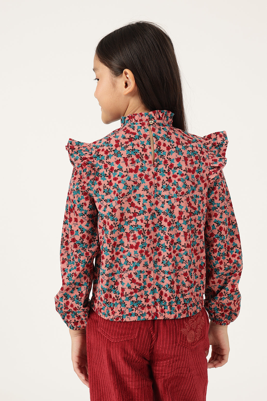 Girls Pink Floral Print Round Neck Woven Top