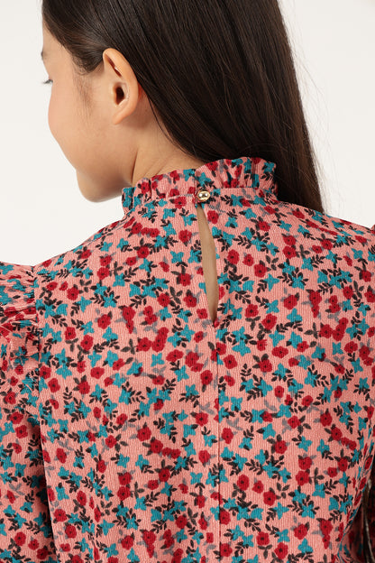 Girls Pink Floral Print Round Neck Woven Top