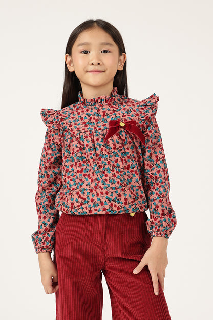 Girls Pink Floral Print Round Neck Woven Top