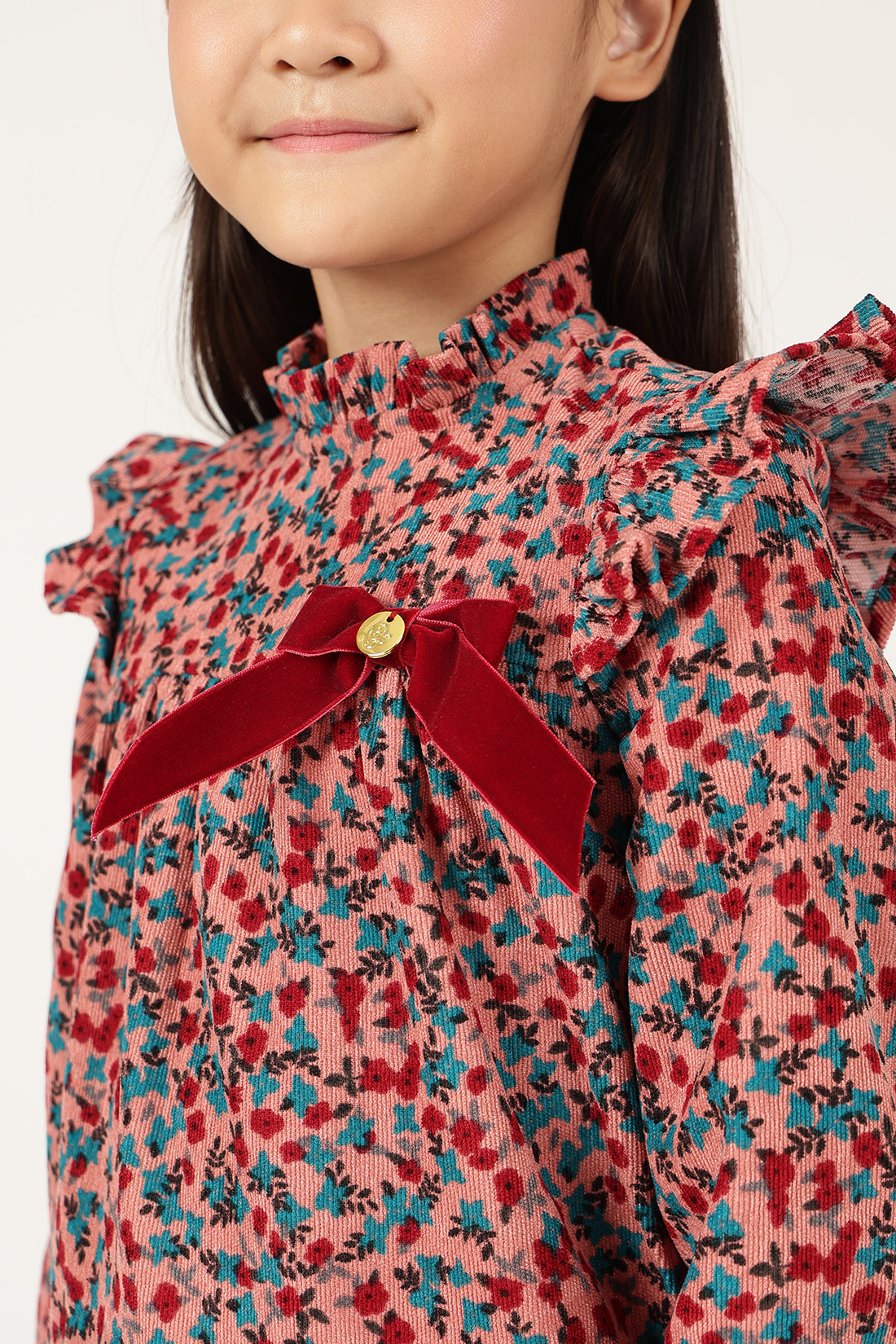 Girls Pink Floral Print Round Neck Woven Top