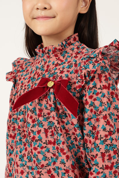 Girls Pink Floral Print Round Neck Woven Top