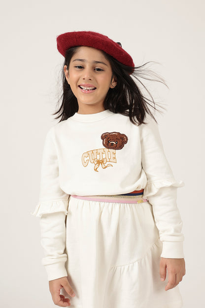 Girls Off White Cotton Fleece Full Sleeve Top