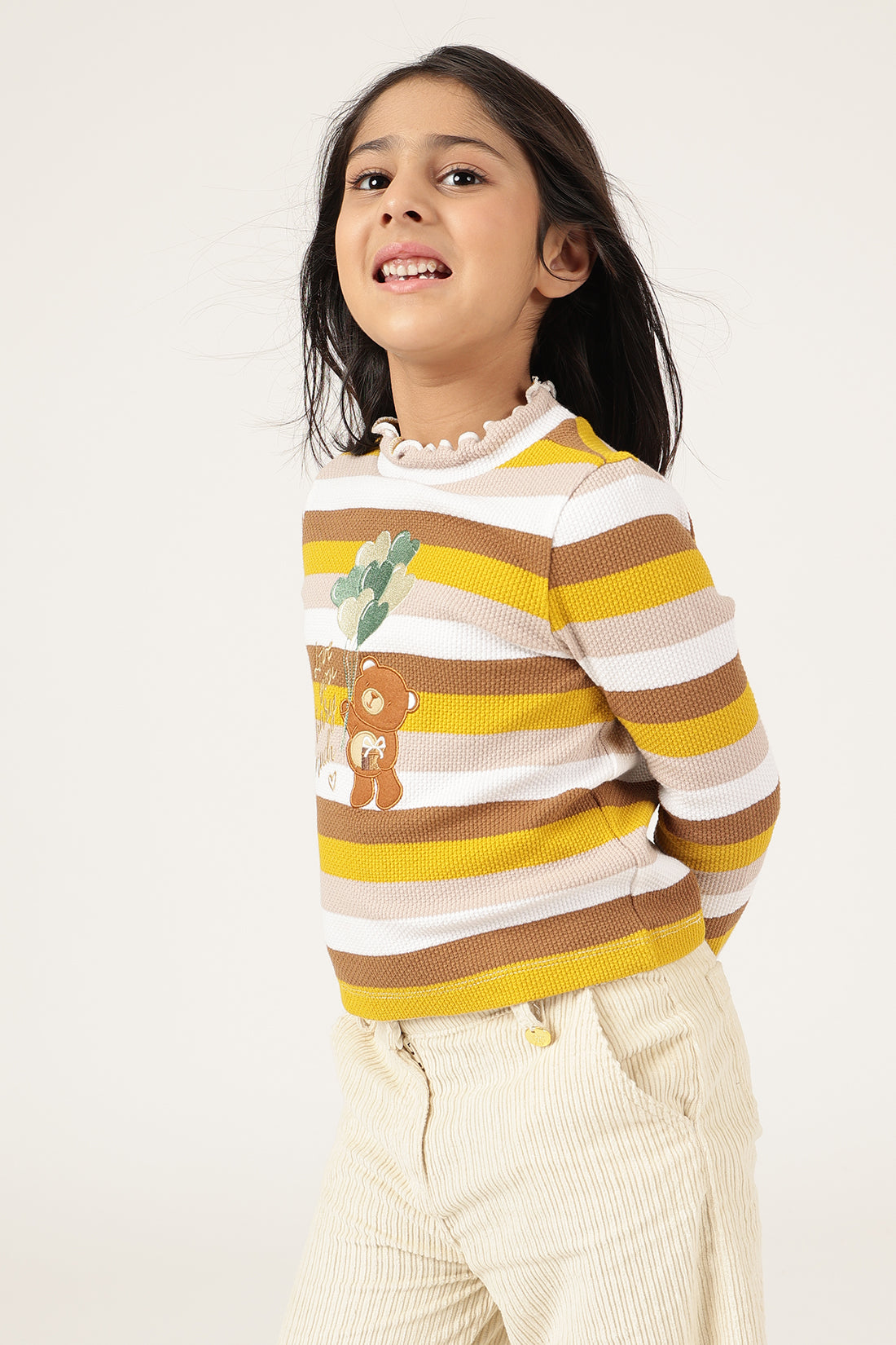 Girls Multicolour Striped Full Sleeve Round Neck T-Shirt