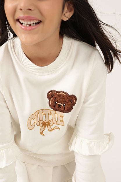 Girls Off White Cotton Fleece Full Sleeve Top