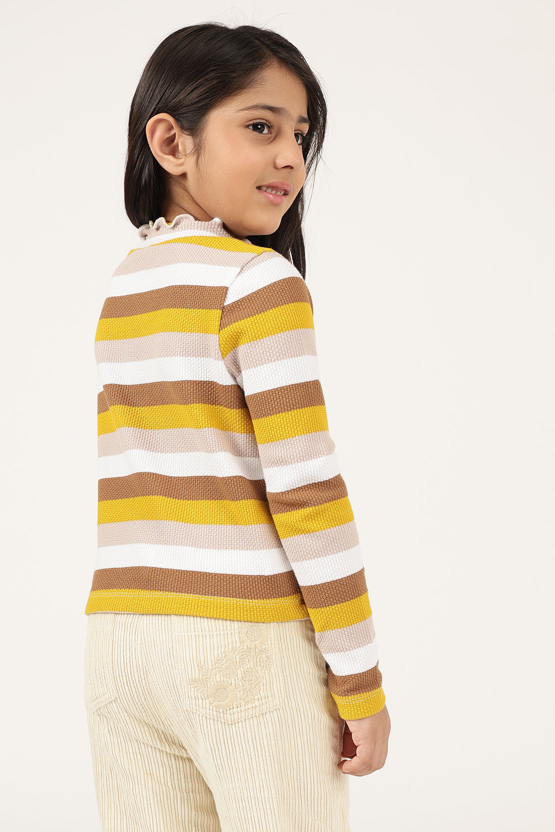 Girls Multicolour Striped Full Sleeve Round Neck T-Shirt