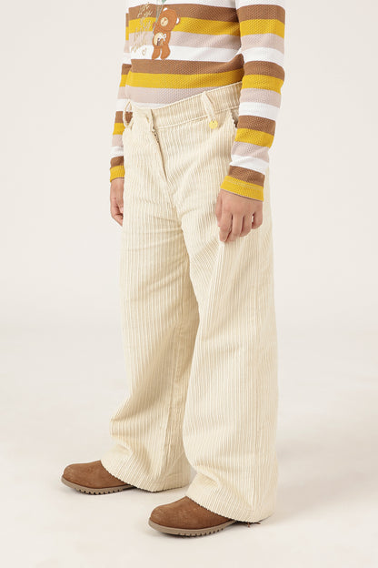 Girls Off White Trouser with Button Closure