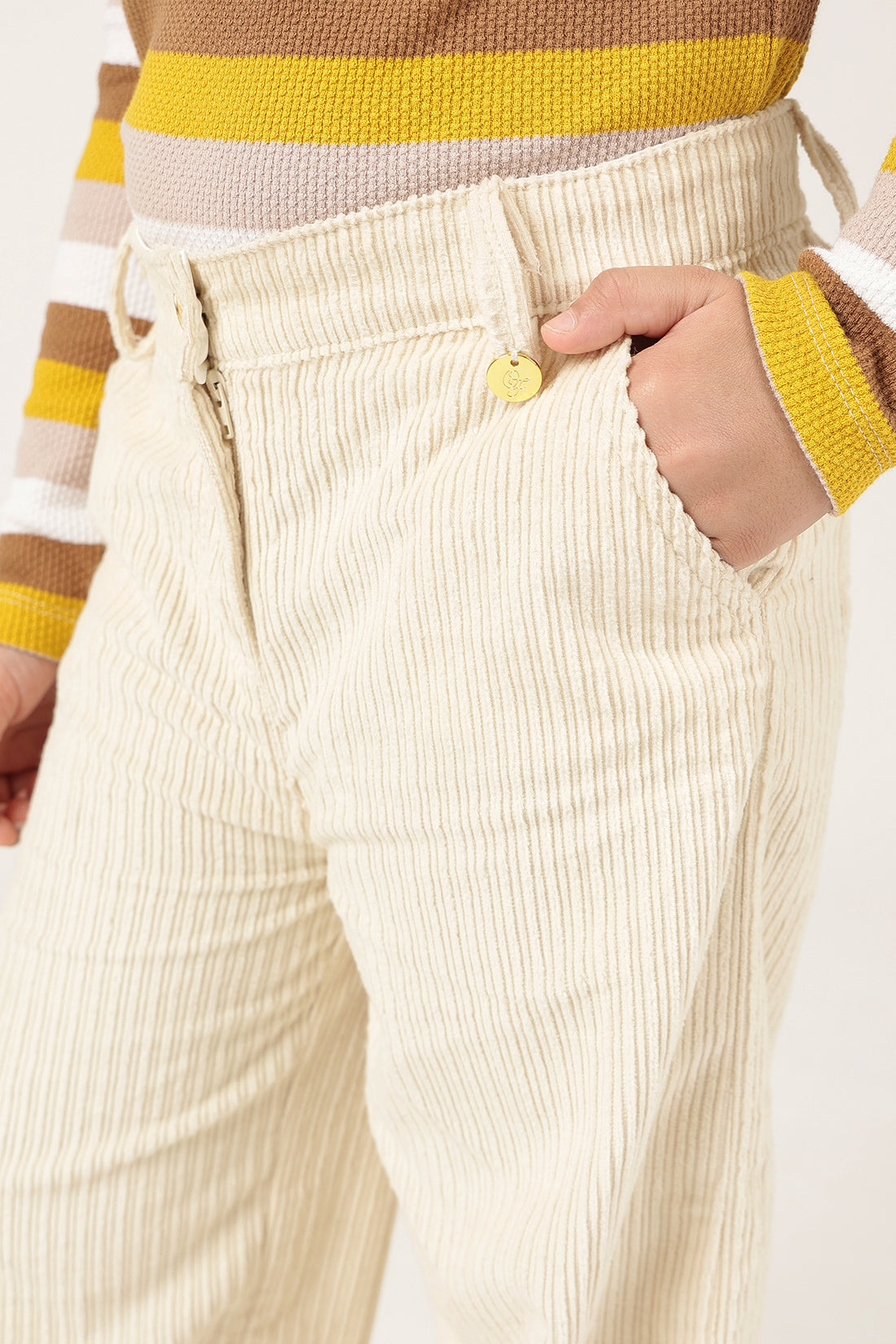Girls Off White Trouser with Button Closure