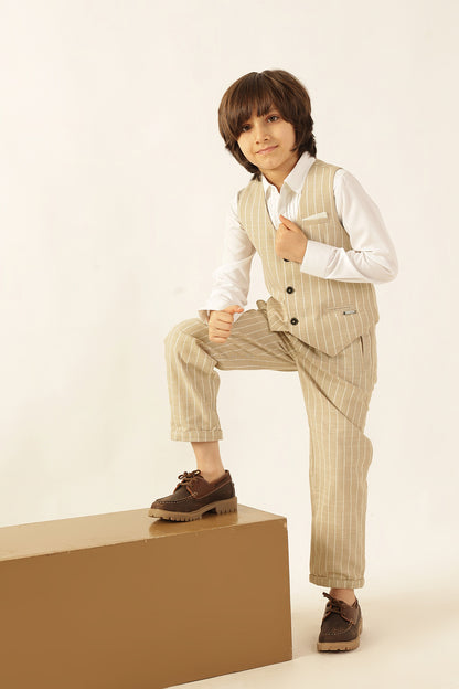 Boys Beige Striped Yarn Dyed Trousers