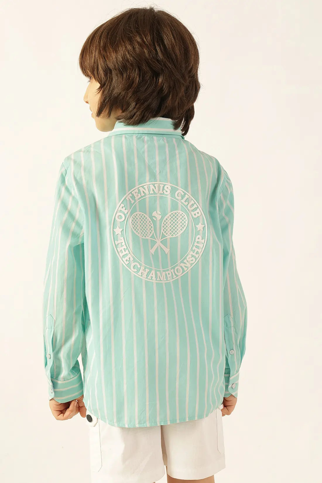 Boys Blue Striped Chinese Collar Cotton Shirt