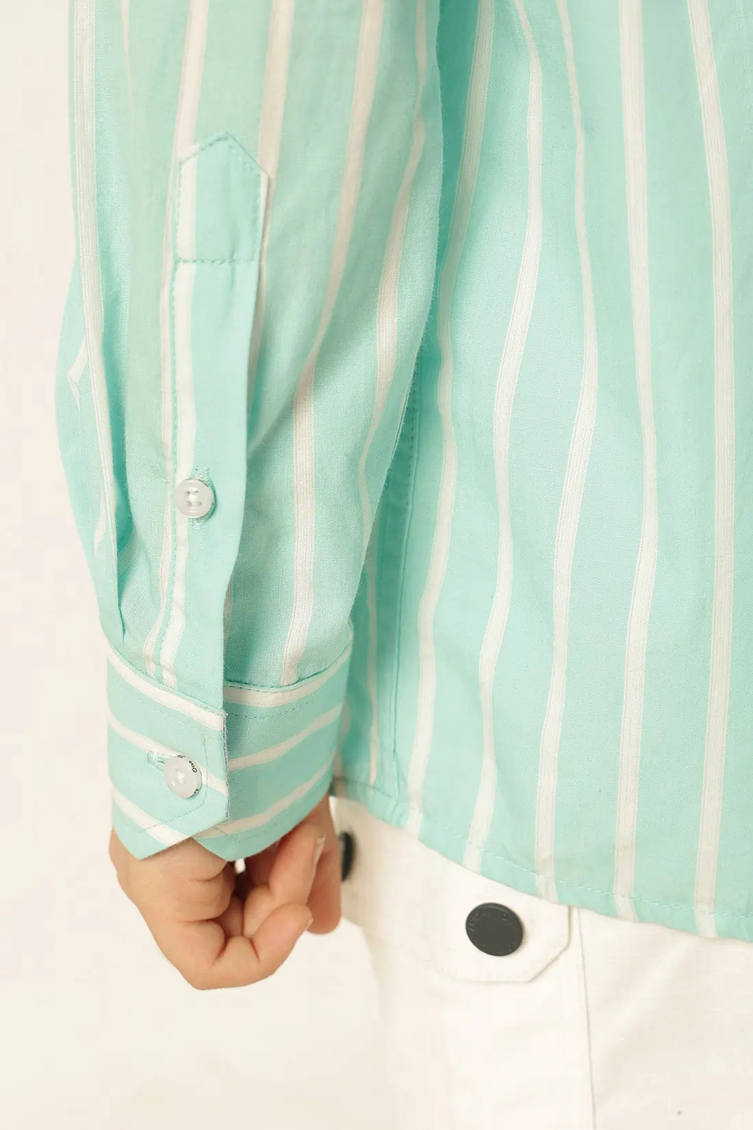 Boys Blue Striped Chinese Collar Cotton Shirt