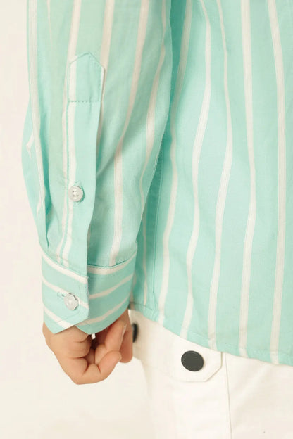 Boys Blue Striped Chinese Collar Cotton Shirt