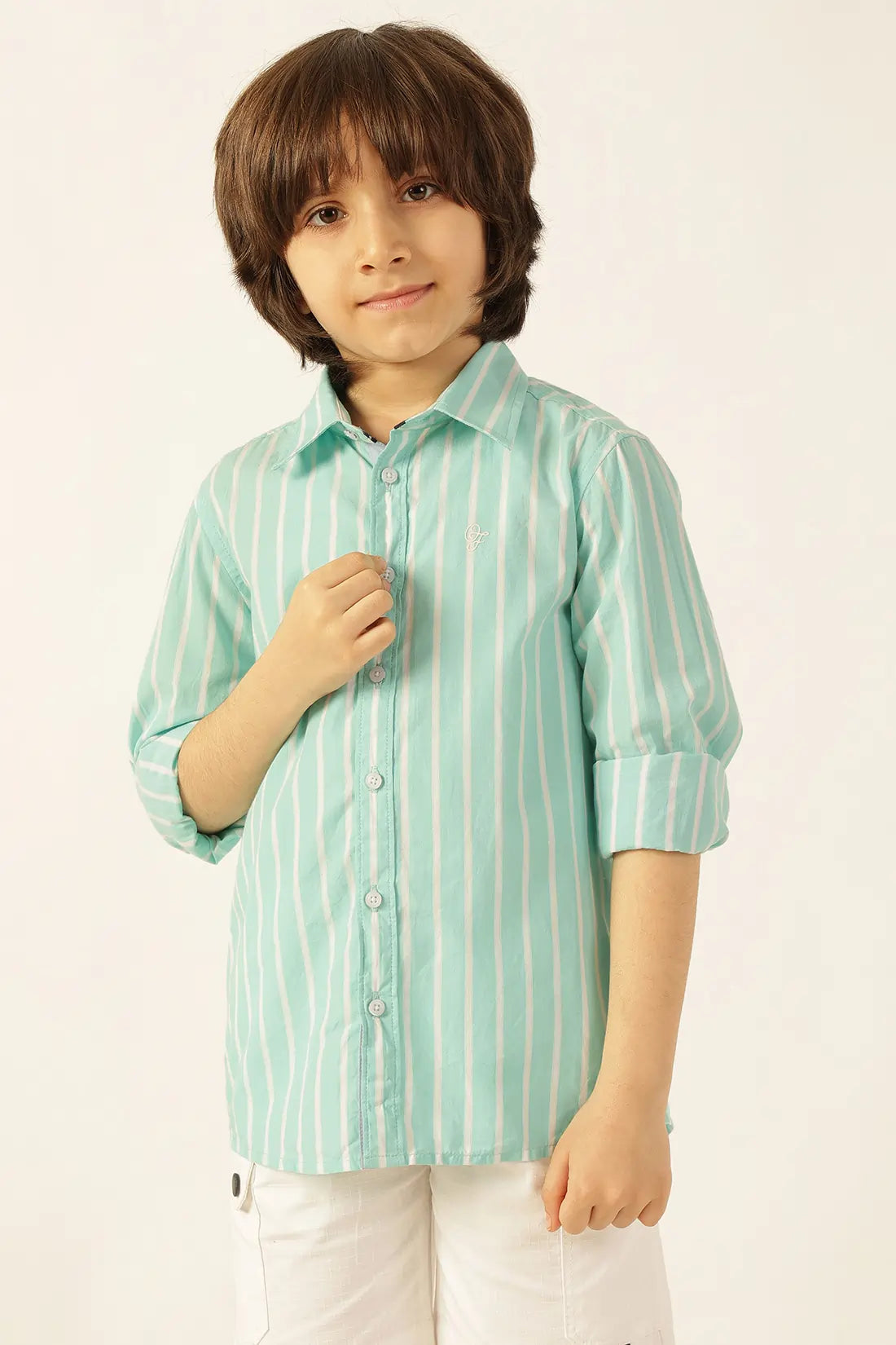 Boys Blue Striped Chinese Collar Cotton Shirt