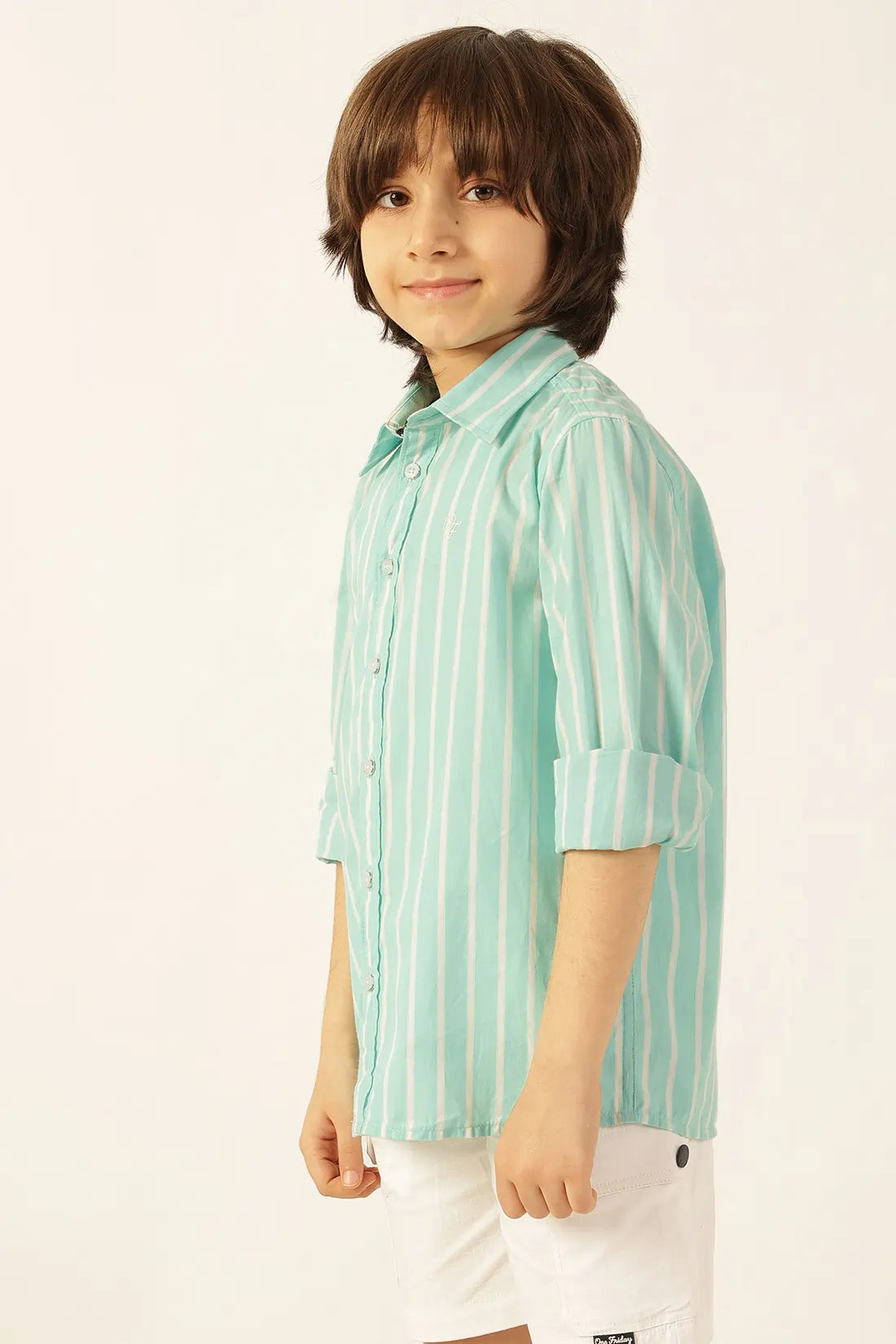 Boys Blue Striped Chinese Collar Cotton Shirt