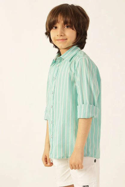 Boys Blue Striped Chinese Collar Cotton Shirt