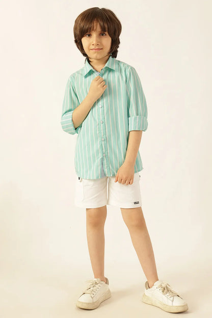 Boys Blue Striped Chinese Collar Cotton Shirt