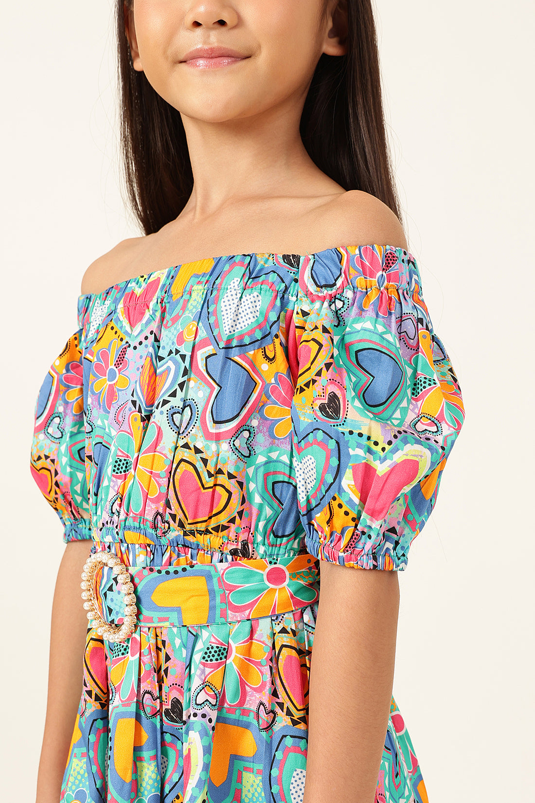 Girls Multicolor Off-Shoulder Drop-Waist Dress