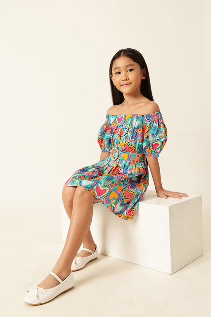 Girls Multicolor Off-Shoulder Drop-Waist Dress