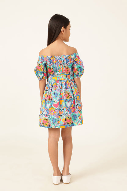 Girls Multicolor Off-Shoulder Drop-Waist Dress