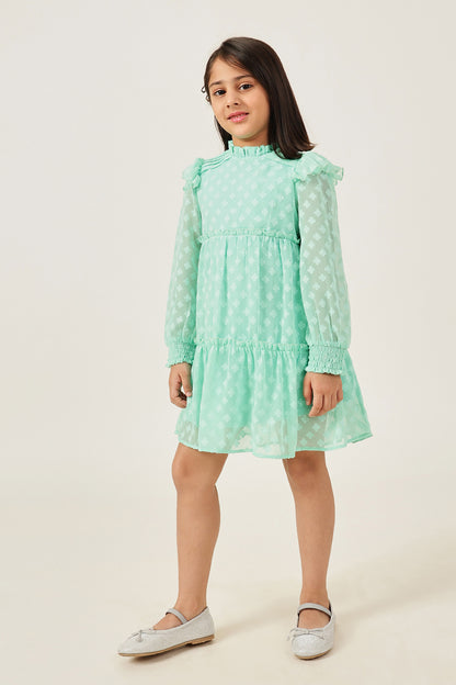 Girls Aqua Buta Dobby Round Neck Full Sleeve Dress