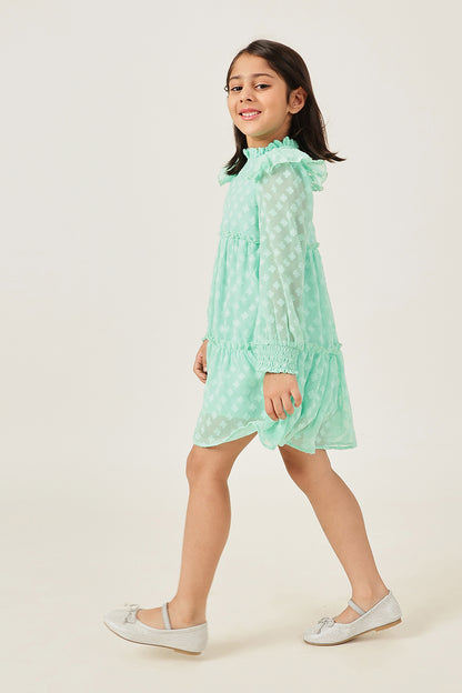 Girls Aqua Buta Dobby Round Neck Full Sleeve Dress