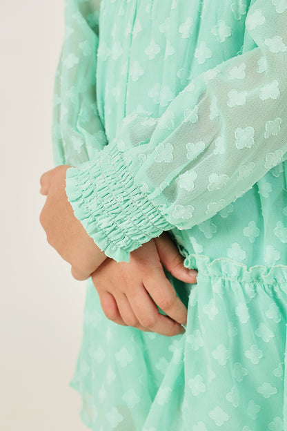 Girls Aqua Buta Dobby Round Neck Full Sleeve Dress