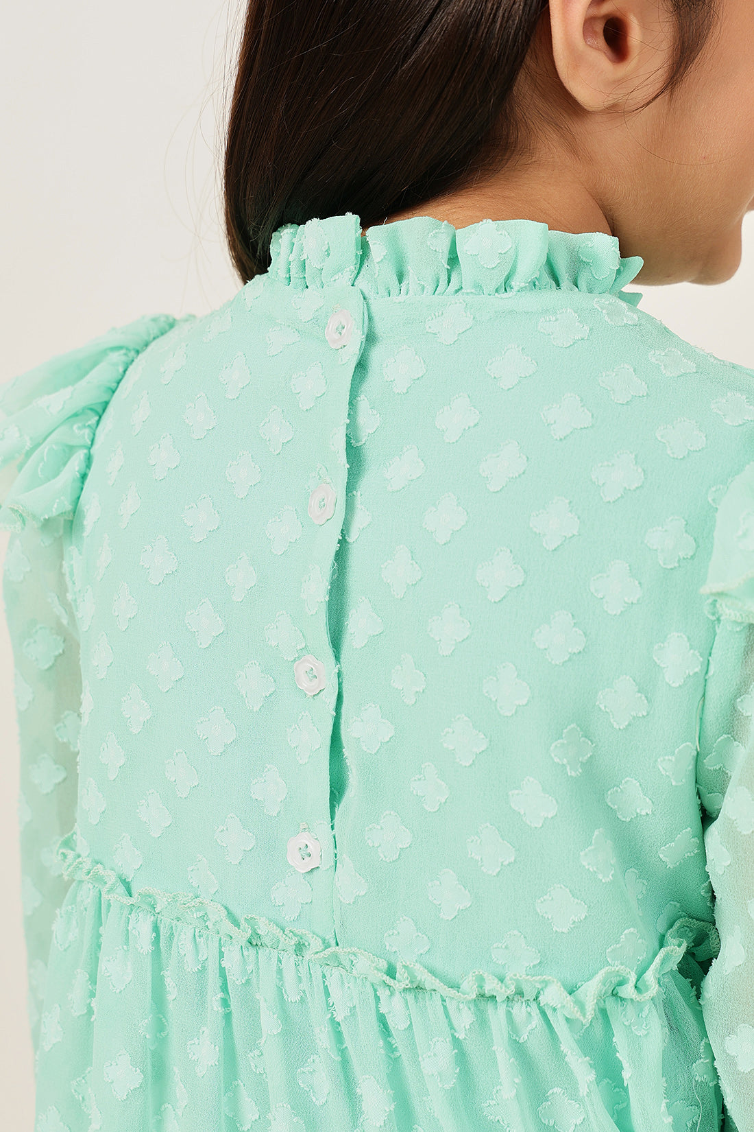 Girls Aqua Buta Dobby Round Neck Full Sleeve Dress