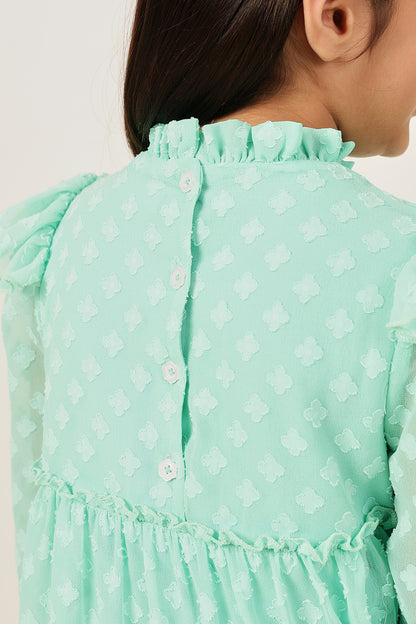 Girls Aqua Buta Dobby Round Neck Full Sleeve Dress