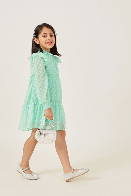 Girls Aqua Buta Dobby Round Neck Full Sleeve Dress