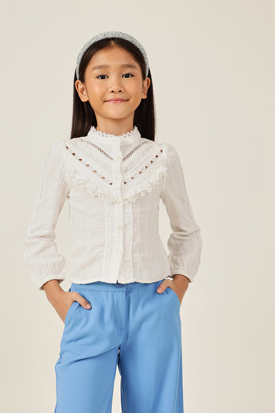 Girls Off White Cotton Woven Top – Classic Collar Style