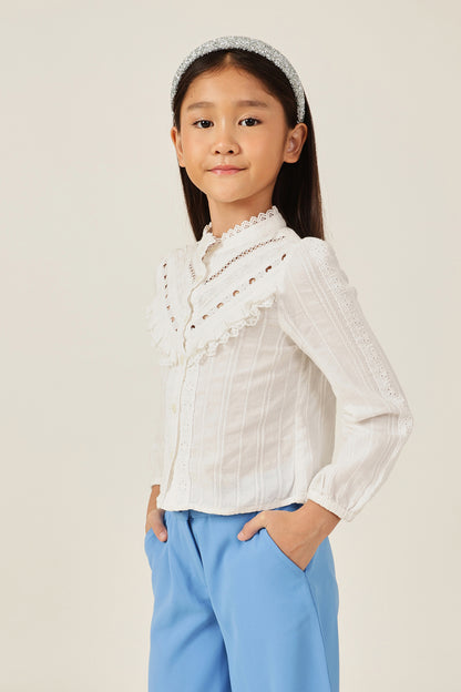 Girls Off White Cotton Woven Top – Classic Collar Style