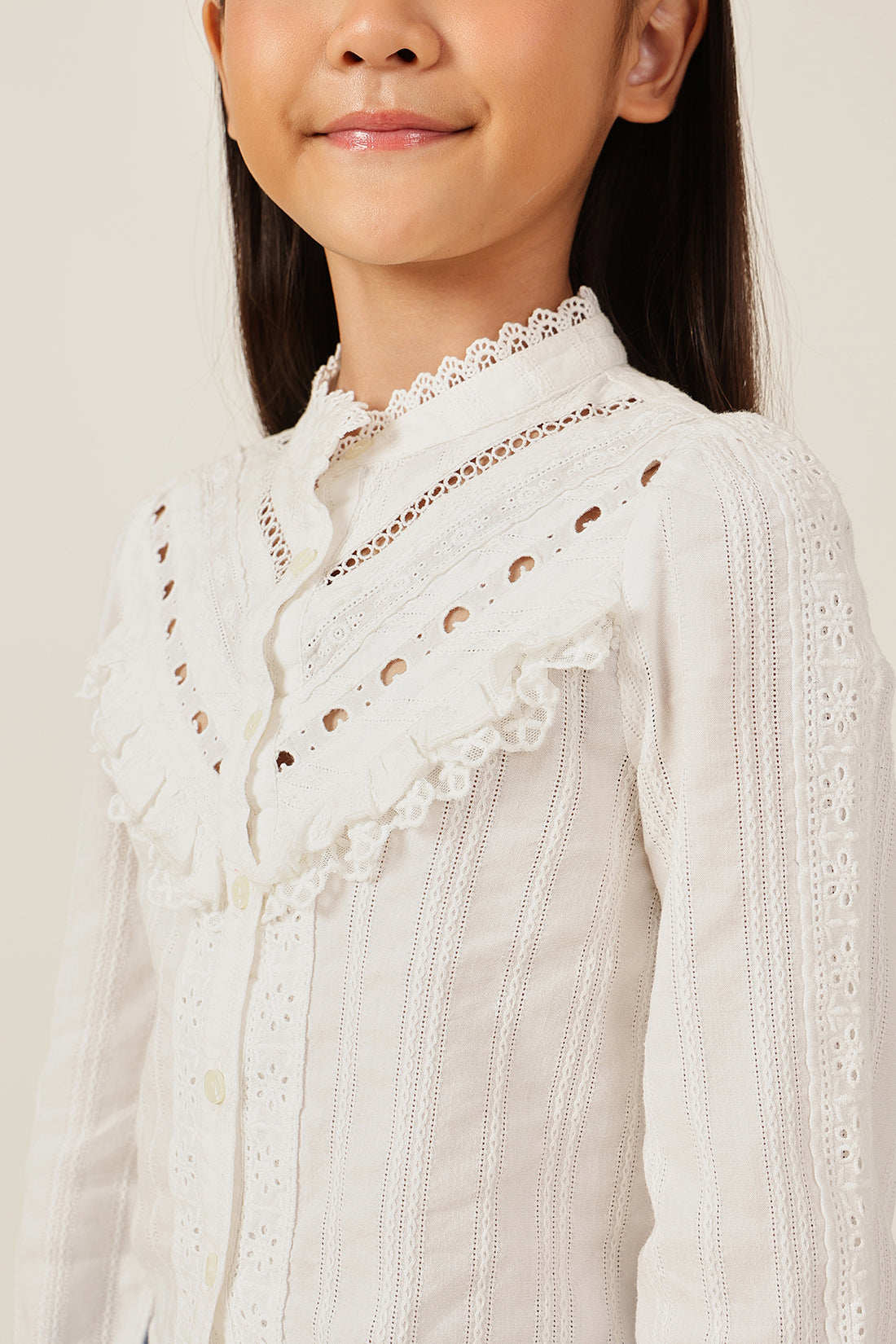 Girls Off White Cotton Woven Top – Classic Collar Style