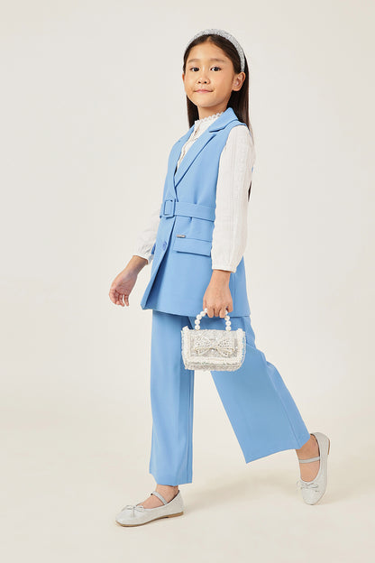 Girls Blue Solid Sleeveless V-Neck Jacket