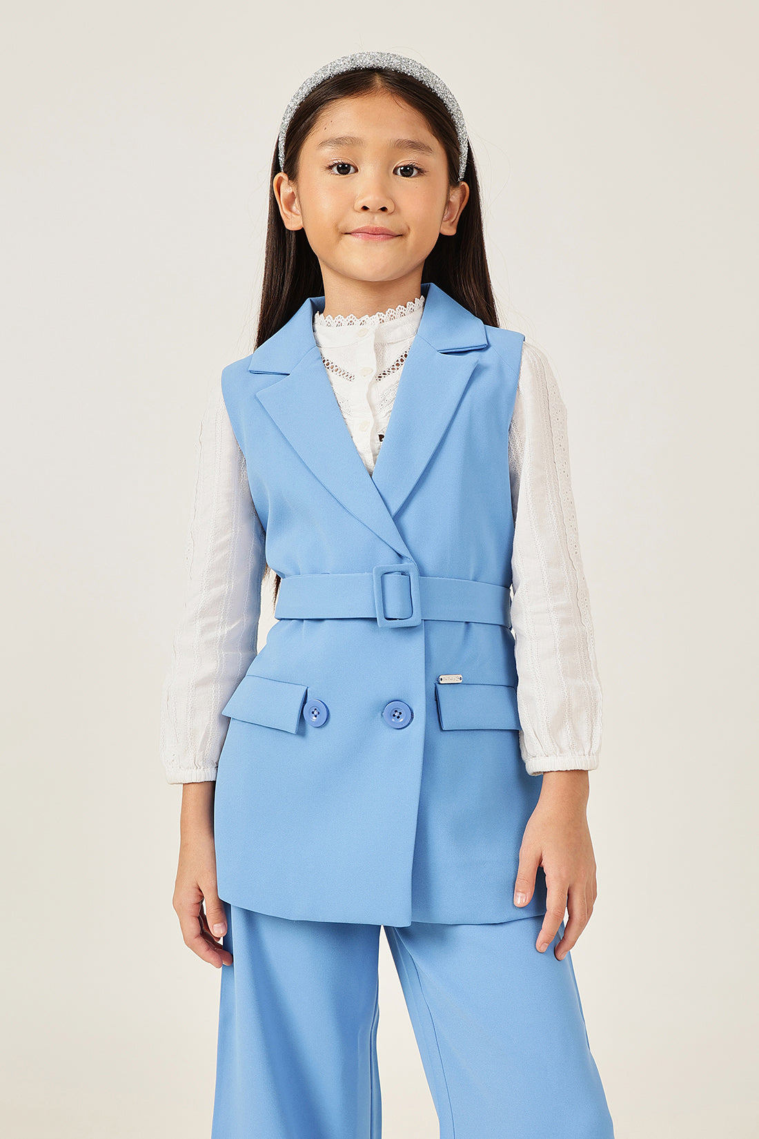 Girls Blue Solid Sleeveless V-Neck Jacket